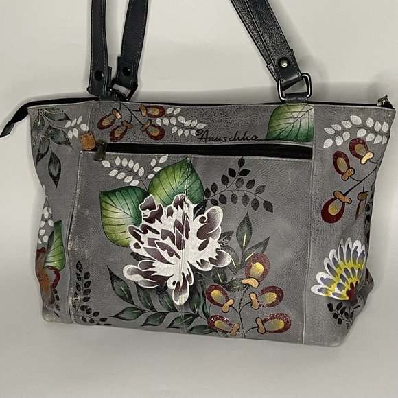 ANUSCHKA Handbag Garden of Eden Grey Floral Purse Tote Hand Painted Leather - Picture 5 of 14